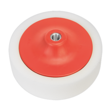 The Sealey Buffing & Polishing Foam Head Ø150 x 50mm M14 x 2mm White/Dense - PTC/CH/M14-W is a premium foam buffing pad featuring a white wheel with a red central hub and a threaded hole, designed for compounding paint systems.