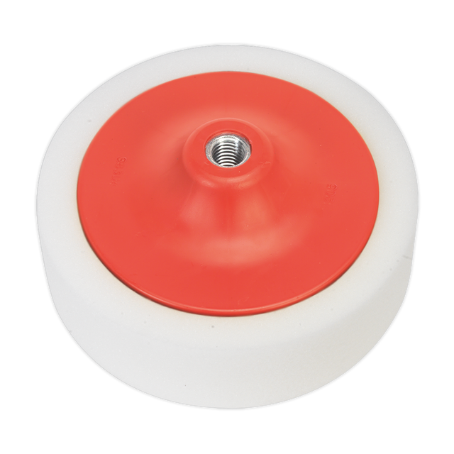 The Sealey Buffing & Polishing Foam Head Ø150 x 50mm M14 x 2mm White/Dense - PTC/CH/M14-W is a premium foam buffing pad featuring a white wheel with a red central hub and a threaded hole, designed for compounding paint systems.