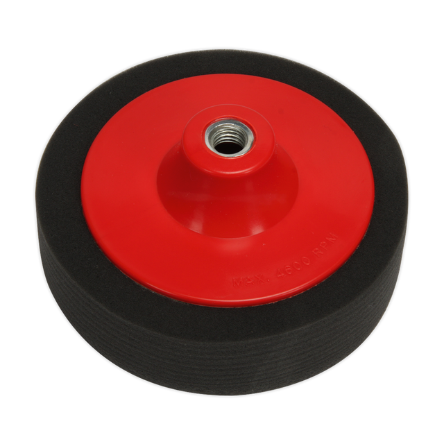 The Sealey Buffing & Polishing Foam Head Ø150 x 50mm M14 x 2mm - Soft - PTC150CHS is a red and black circular attachment used for buffing and polishing machines, featuring a central threaded hole. Ideal for vehicle bodywork, it incorporates high-quality European foam.