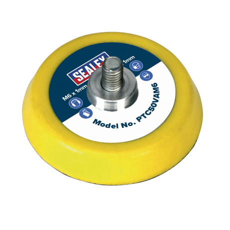 A round yellow polishing pad with a silver bolt in the center and a blue-and-white label featuring the brand name Sealey and model number PTC50VAM6. Perfectly compatible with air and electric tools, this pad has an M6 x 1mm thread, making it ideal for use with Ø50mm Hook-and-Loop Discs.