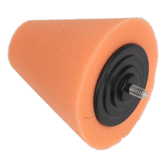 The Sealey Buffing & Polishing Foam Cone Orange/Firm - PTCCHC85O features an orange foam cone with a black plastic base and a metal screw protruding from the bottom, making it ideal for reaching tight spaces on alloy wheels.