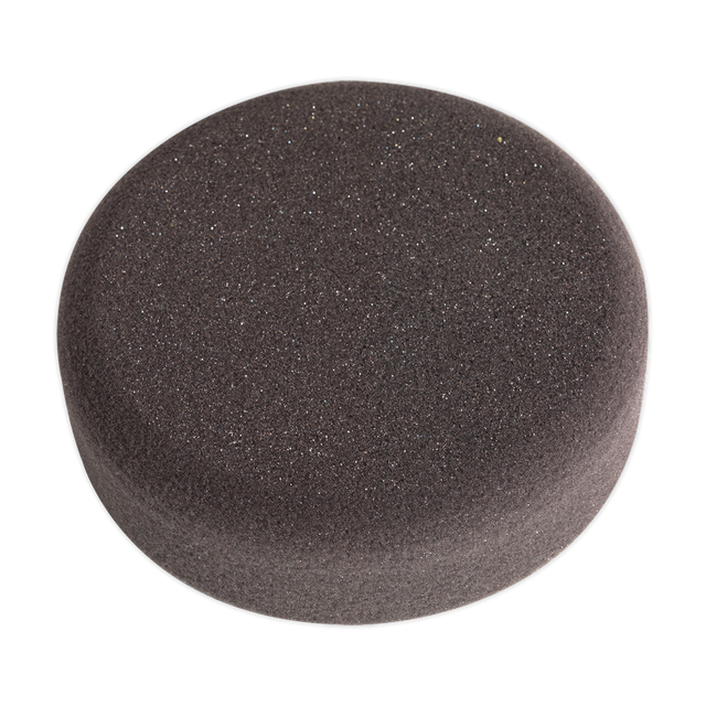 The circular Buffing & Polishing Foam Head Hook-and-Loop Ø150 x 50mm Black/Soft - PTCCHV150P by Sealey features a dark grey premium foam pad with a smooth, slightly textured surface against a transparent background, making it ideal for buffing and polishing.