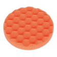 A Buffing & Polishing Foam Head from Sealey, characterized by its round shape, firm density orange foam, and honeycomb texture, featuring a Hook & Loop attachment system with dimensions Ø150 x 25mm.