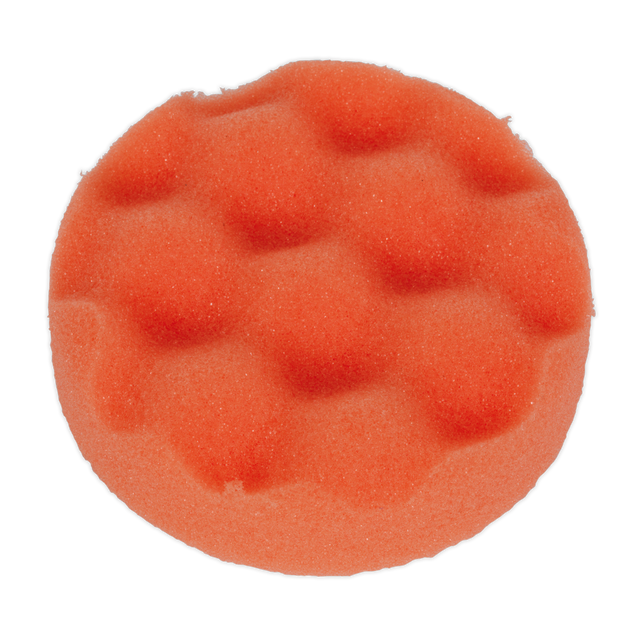 Introducing the Buffing & Polishing Foam Head Hook-and-Loop Ø80 x 25mm Orange/Firm - PTCCHW80O by Sealey, a premium compounding head that features an orange, circular abrasive pad with a distinctive textured, wavy surface.