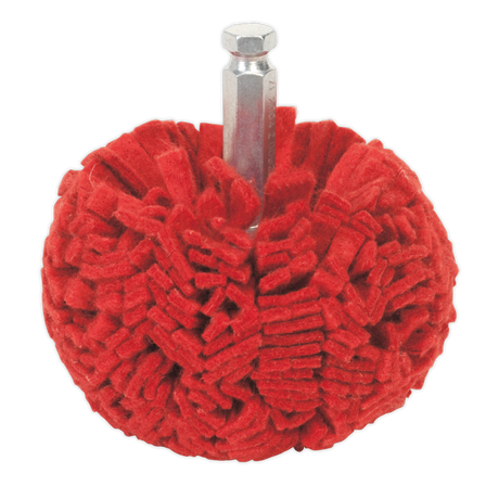 The Sealey Polishing Ball Ø100mm - PTCPB100 features a red color, abrasive non-woven fabric with dense, rounded bristles and a metal shank for easy attachment to air or electric drills, making it perfect for cleaning alloy wheels.