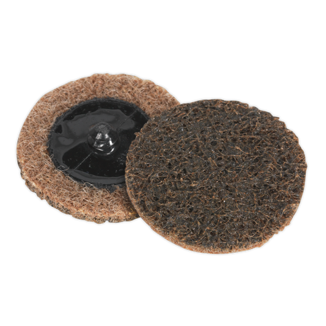 Two Quick-Change Preparation Pads Ø50mm from Sealey with a coarse texture: one placed face-up showing attachment, and the other face-down displaying the abrasive surface. Ideal for use with air mini sanders.
