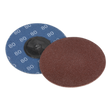 Two Quick-Change Sanding Discs, ideal for air mini sanders—one showcasing the grit number "80Grit" on its blue backing and the other revealing its reddish-brown abrasive surface, from Sealey’s Ø75mm 80Grit Pack of 10 (PTCQC7580).