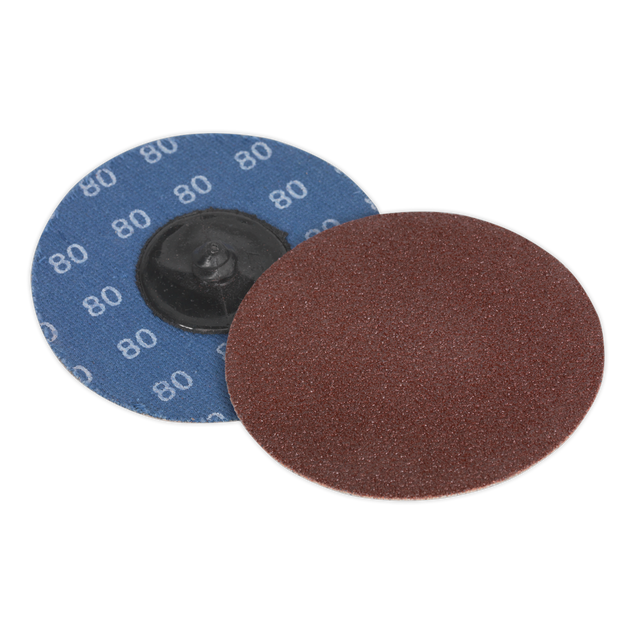 Two Quick-Change Sanding Discs, ideal for air mini sanders—one showcasing the grit number "80Grit" on its blue backing and the other revealing its reddish-brown abrasive surface, from Sealey’s Ø75mm 80Grit Pack of 10 (PTCQC7580).