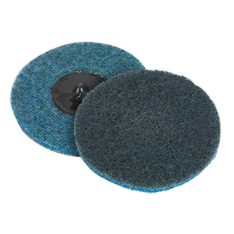 Two circular Quick-Change Preparation Pads Ø75mm Fine from Sealey, one blue and one black, are displayed side by side on a white background. Ideal as preparation pads for a fine finish, they can be used with an air mini sander to achieve professional results. Available in packs of 10 (PTCQC75F).