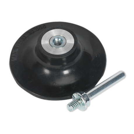 A black suction cup dent puller with a metal screw attachment next to it, accompanied by Sealey's Quick-Change Backing Pad Ø75mm 1/4"UNC (PTCQCBP75) for efficient use.