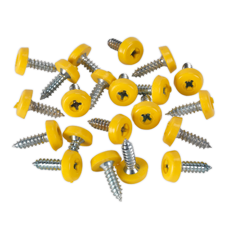 A pack of Sealey's Numberplate Screw Plastic Enclosed Head 4.8 x 18mm Yellow Pack of 50 (PTNP2) scattered on a white background.