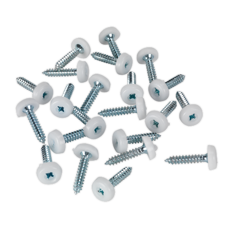 A pack of Sealey Numberplate Screw Plastic Enclosed Head 4.8 x 24mm White (PTNP5) scattered on a white background.