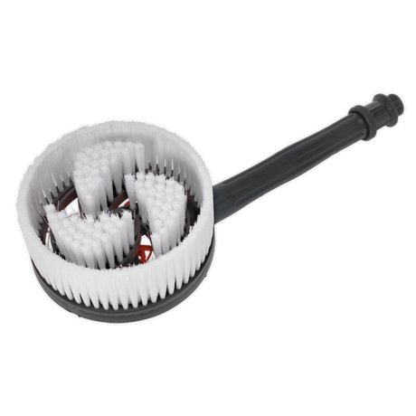 Introducing the Rotary Brush for PW2200 & PW2500 - PWA04 by Sealey, a robust cleaning accessory designed with soft white bristles and a black handle, utilizing water flow propelled functionality for efficient cleaning applications.