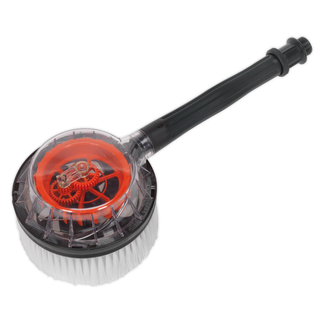 The Sealey Rotary Brush for PW2200 & PW2500 - PWA04 showcases a robust black handle and a transparent casing that reveals the red gears inside. The water flow propulsion mechanism ensures its soft bristles deliver an efficient and gentle cleaning experience.