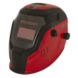 A Sealey Welding Helmet Auto Darkening - Shade 9-13 in red (PWH1), featuring a tinted viewing window and adjustment knobs on the side. The number "01" is printed on the surface, and it includes adjustable shade control for optimal vision.