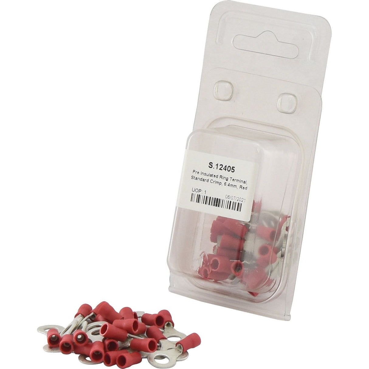 The Agripak packaging for Sparex Pre Insulated Ring Terminals, Standard Grip, 6.4mm, Red (0.5 - 1.5mm) - S.12405 displays specifications and contains a pack of 25 terminals capable of handling 19Amps at 600V, with several loose terminals visible in front.
