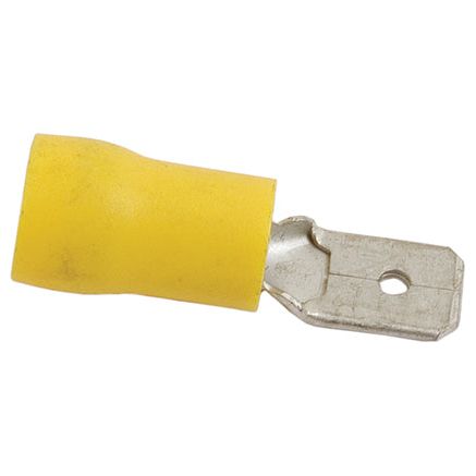 Close-up of a Sparex Pre Insulated Spade Terminal (Sparex Part No. S.8556) featuring a yellow body and a 6.3mm male connector on the end.