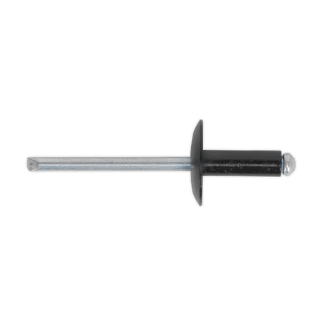 Close-up image of the Sealey Aluminium Rivet Black Large Flange 4 x 14mm, conforming with DIN 7337 standards, from a Pack of 200 - RAB4014L. This rivet has a black anodised finish and is designed for fastening materials together. It features a cylindrical body with a wider head on one end and includes a large flange for added stability.