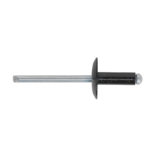 Close-up of the Sealey Aluminium Rivet Black Large Flange 4.8 x 14mm with a metallic shaft and black capped head, used for fastening materials together, compliant with DIN 7337 standards. Pack of 200 - RAB4814L.