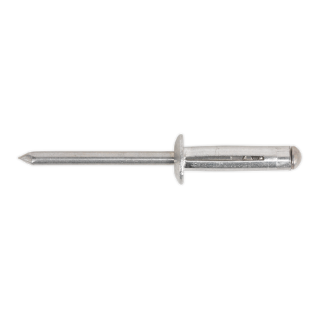 A close-up of the Sealey Load Spreading Aluminium Rivet Standard Flange 4.8 x 27mm, featuring a silver cylindrical body and flat head, designed for optimal durability, available in a pack of 200 - RB4827.