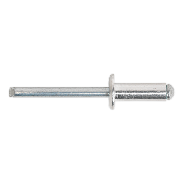 Close-up image of a Sealey Aluminium Blind Rivet Standard Flange 6.4 x 18mm with a cylindrical shaft and a rounded head, meeting DIN 7337 standards (Pack of 200 - RB6418S).