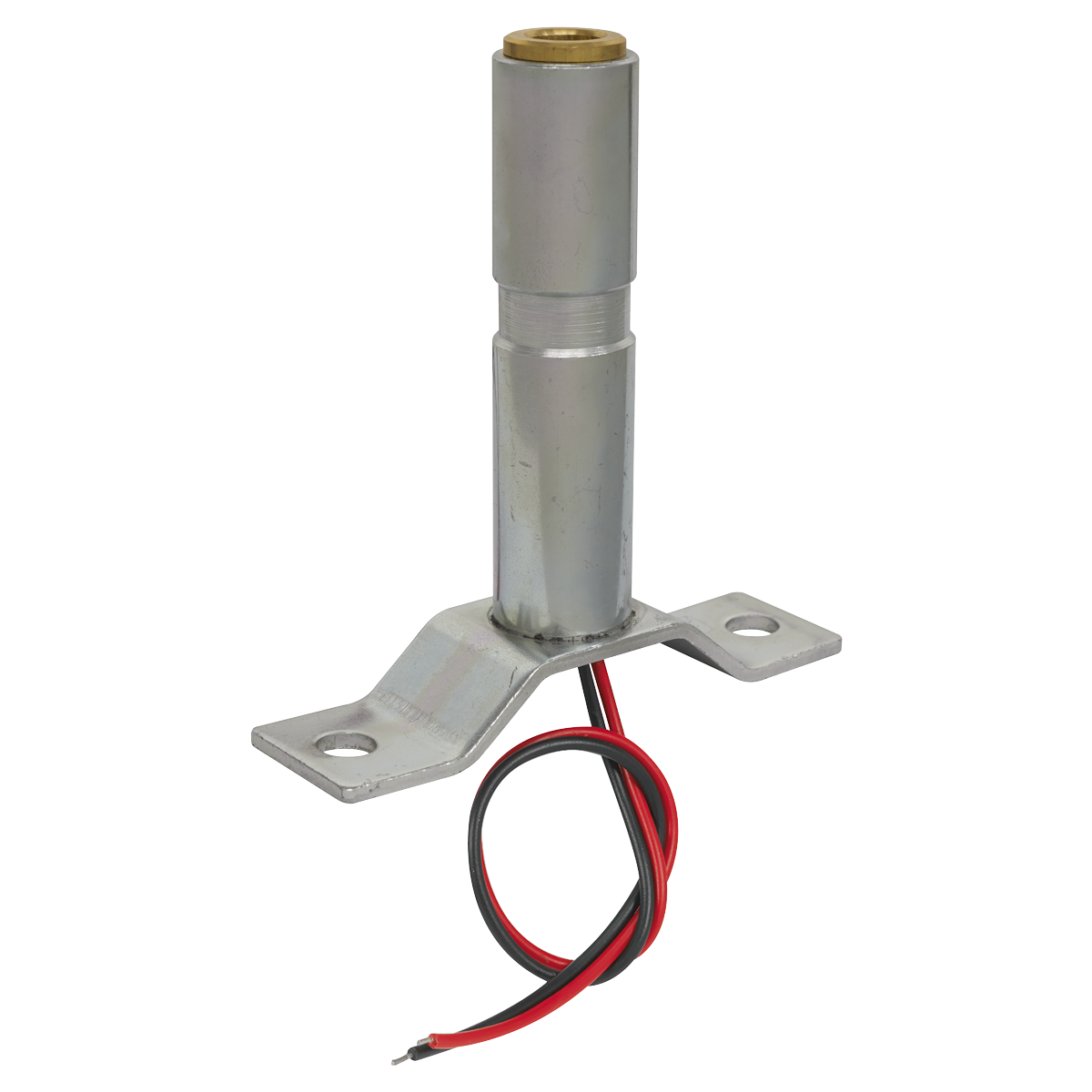 The Sealey Beacon Bracket 2 x Bolt Fixing for RB/WB953, RB/WB955 - RB95B1 is a cylindrical metal sensor with attached black and red wires, mounted on a small metal bracket with two screw holes for installation, and features a prewired socket for convenient connectivity.