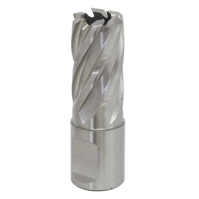 The Sealey Rotabor Cutter HSS Ø18mm - Cut Depth 25mm - RBHSS18S is a metal cylindrical cutting tool made from HSS M2 steel, featuring spiral flutes and a flat Weldon shank, ideal for drilling and machining applications, particularly when used with magnetic drills.