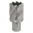 Close-up image of the Sealey Rotabor Cutter HSS Ø30mm - Cut Depth 25mm - RBHSS30S, a metallic annular cutter featuring spiral flutes and a cylindrical shank, ideal for precise cutting depths when used with magnetic drills.