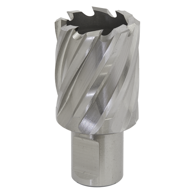 Close-up image of the Sealey Rotabor Cutter HSS Ø30mm - Cut Depth 25mm - RBHSS30S, a metallic annular cutter featuring spiral flutes and a cylindrical shank, ideal for precise cutting depths when used with magnetic drills.
