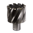The Rotabor Cutter HSS Ø45mm - Cut Depth 25mm (RBHSS45S) by Sealey is a metal hole saw with sharp, angled teeth and a cylindrical base, made from HSS M2 steel, ideal for cutting precise holes in materials such as wood, plastic, or metal.