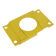 The Sealey Removable Bollard Base Plate - Locking (RBLP) is a yellow metal mounting bracket featuring four screw holes, a central circular cutout, and a padlock hole.