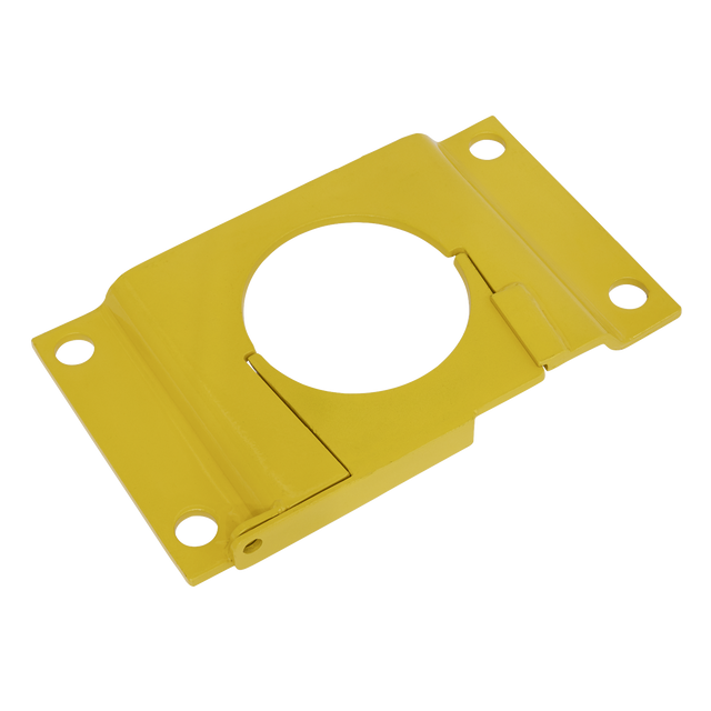 The Sealey Removable Bollard Base Plate - Locking (RBLP) is a yellow metal mounting bracket featuring four screw holes, a central circular cutout, and a padlock hole.