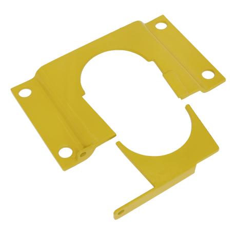 A Sealey Removable Bollard Base Plate - Locking - RBLP, featuring a yellow metal bracket with four mounting holes and a circular cutout with an extended tab on one side, ideal for securing a padlock.