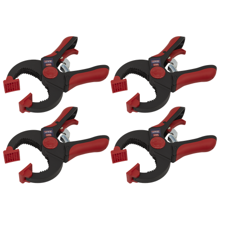 Four Ratchet Clamp 45mm pieces from the Sealey RC504 set, which feature red and black plastic bodies, large jaw openings, and textured gripping surfaces, are arranged in a grid pattern against a white background.