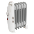 The Sealey Oil-Filled Radiator Mini 800W/230V 6-Element - RD800, a white heater with thermostatic heat control, features a control knob and power button on the side and stands securely on small wheels.