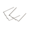 Two metal staples, possibly Sealey U-Staple 0.8mm Pack of 100 - RE08, bent out of their original shape, lie on a plain surface.