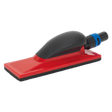 The Sealey Dust-Free Sanding Block 70 x 198mm - RE4012 features a red and black design with an ergonomic soft grip handle and a blue attachment point. The base includes a flat sanding surface.