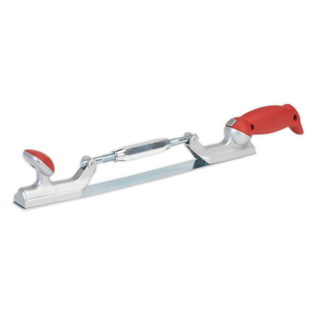 The Professional Adjustable Hand File Holder - RE5001 by Sealey is designed with a red handle on one side and a black handle on the other, connected by a curved metal blade. Ideal for professional bodyshops, it features a swivel lock handle for enhanced control and precision in your work.