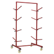 The Sealey Bumper Rack Double-Sided 4-Level - RE55 is a red metal cart known for its heavy-duty construction, featuring multiple arms for storage and mounted on four wheels, making it a perfect solution for workshop storage.