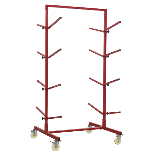 The Sealey Bumper Rack Double-Sided 4-Level - RE55 is a red metal cart known for its heavy-duty construction, featuring multiple arms for storage and mounted on four wheels, making it a perfect solution for workshop storage.