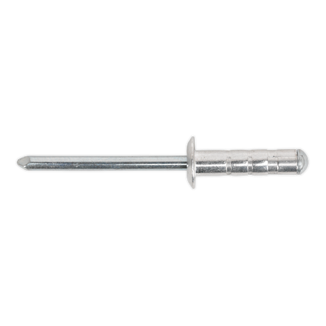 A close-up image of a Sealey Aluminium Multi-Grip Rivet Standard Flange 4.8 x 19mm (Pack of 200 - RM4819S) with a smooth, elongated shaft and a bulbous cap at one end, conforming to DIN 7337 standards.