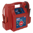 This is the Sealey RoadStart® Emergency Jump Starter 12/24V 3200/1600 Peak Amps - RS105, a red portable emergency jump starter equipped with black cables, a handle, and a control panel featuring LED battery condition indicators. It offers high peak and cranking currents along with a versatile 12V power socket.