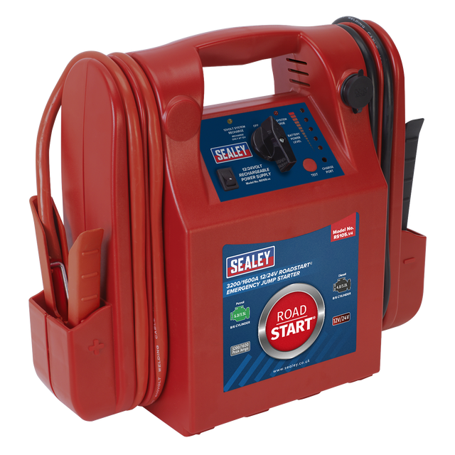 This is the Sealey RoadStart® Emergency Jump Starter 12/24V 3200/1600 Peak Amps - RS105, a red portable emergency jump starter equipped with black cables, a handle, and a control panel featuring LED battery condition indicators. It offers high peak and cranking currents along with a versatile 12V power socket.