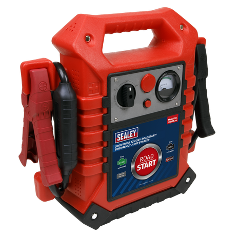 The Sealey RoadStart® Emergency Jump Starter 12/24V 3000/1500 Peak Amps - RS125 is a red portable jump starter featuring a handle. It is equipped with clamps on the side, various dials, indicators on the front panel, and a 12V device socket for added versatility.