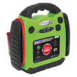 A green Sealey RoadStart® Emergency Jump Starter with Air Compressor 12V 900 Peak Amps, model number RS1322HV, featuring cables, LED battery condition indicator lights, and a control panel.
