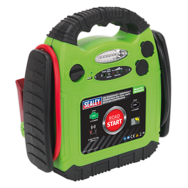 A green Sealey RoadStart® Emergency Jump Starter with Air Compressor 12V 900 Peak Amps, model number RS1322HV, featuring cables, LED battery condition indicator lights, and a control panel.