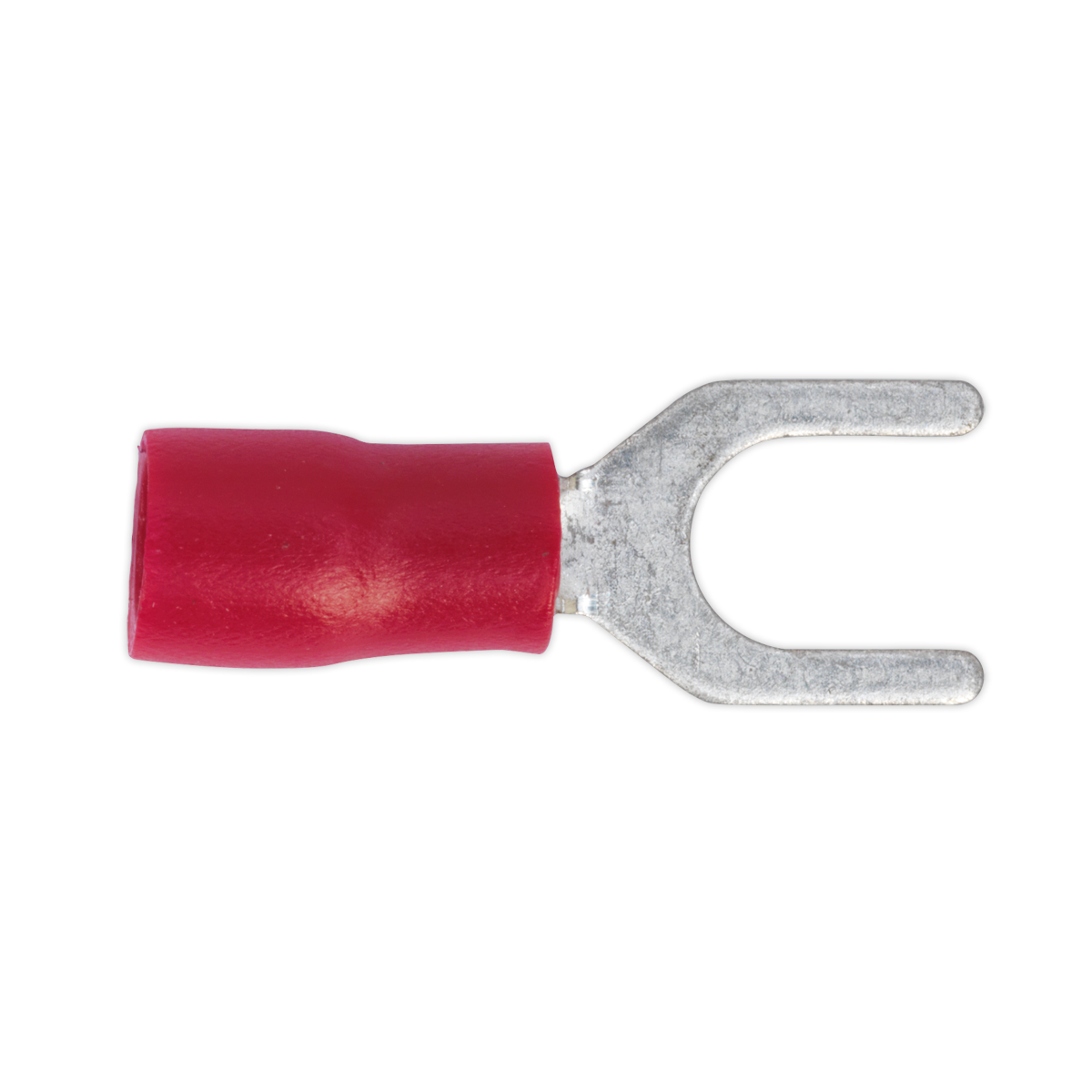 The Sealey Easy-Entry Fork Terminal Ø5.3mm (2BA) Red Pack of 100 - RT14 features a colour-coded red insulated fork terminal connector with a metal prong end, designed for electrical applications and suitable for cable sizes 22-18 AWG.