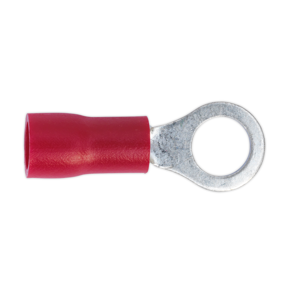 A red Easy-Entry Ring Terminal Ø5.3mm (2BA) from Sealey, designed for cable sizes 22-18 AWG, comes with an insulated metal ring for connecting electrical wires and is available in a pack of 100.