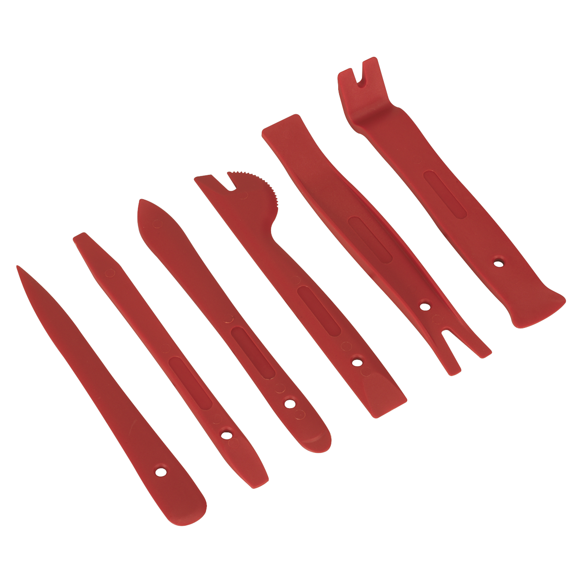 The Sealey Mini Panel Removal Set 6pc - RT6KIT is a set of six resilient nylon trim removal tools with a slim profile, designed for effortlessly removing dash trim and interior panels in vehicles.