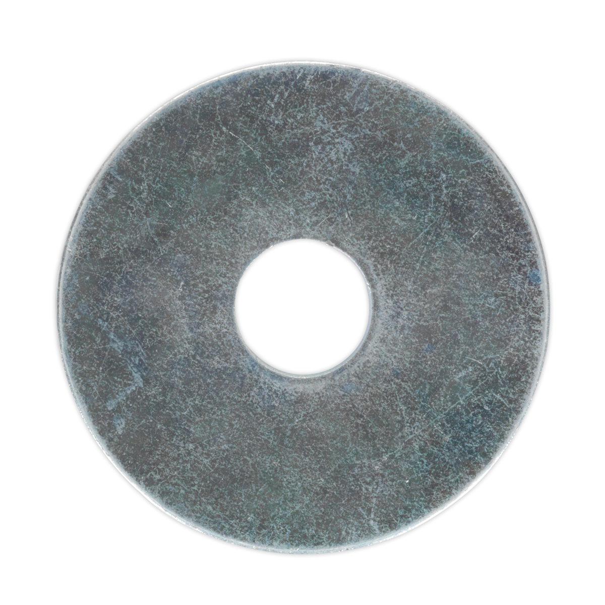 A worn and slightly rusted metal washer, likely from the Sealey Repair Washer M10 x 38mm Zinc Plated Pack of 50 (RW1038), with a circular hole in the center, used for distributing the load of a threaded fastener.